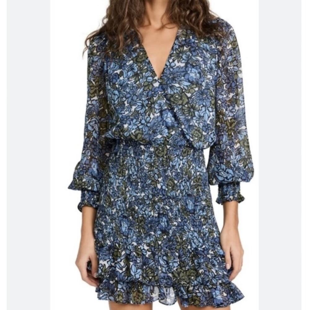 Veronica Beard NWOT Saera Blue Multi Floral Smocked Crepe V-Neck Mini Dress